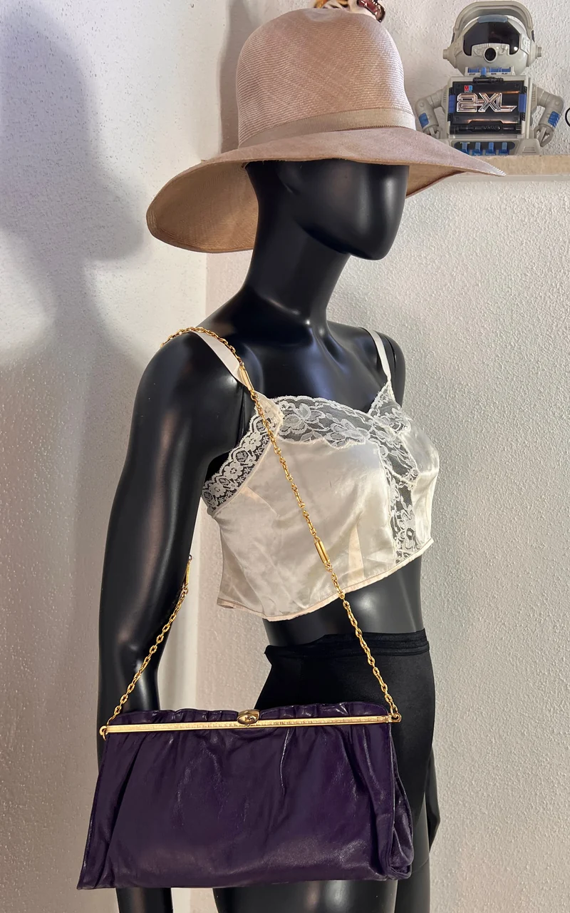 Vintage 70s Purple Leather Bag Clutch
