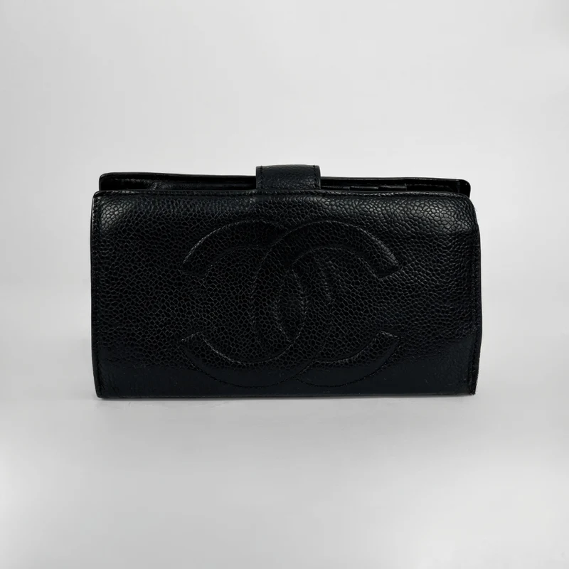Chanel CC French Long Wallet aus schwarzem Kaviarleder