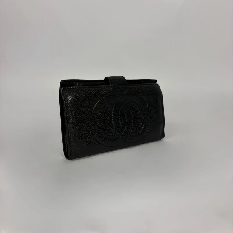 Chanel CC French Long Wallet aus schwarzem Kaviarleder