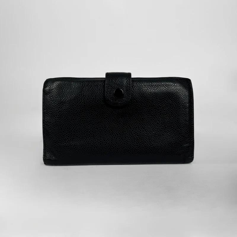 Chanel CC French Long Wallet aus schwarzem Kaviarleder
