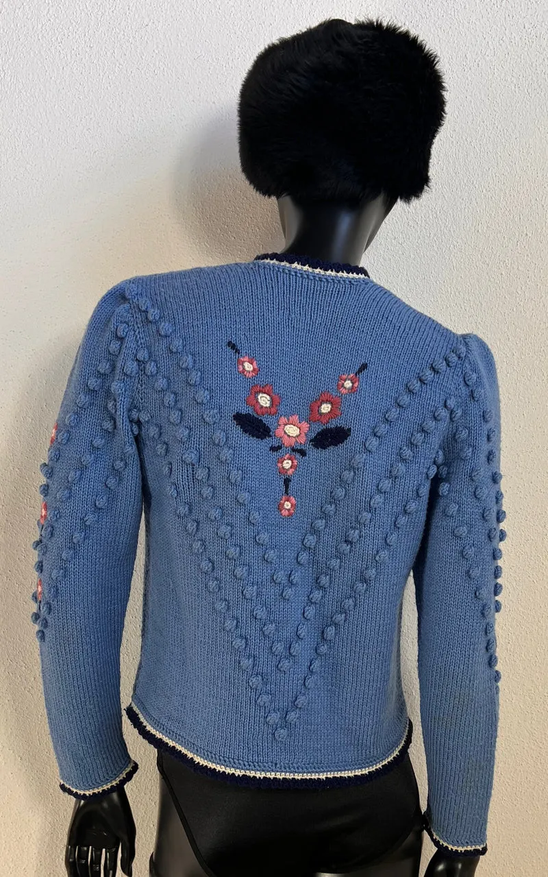 Vintage Austrian Blue Floral Bobble-Knit Cardigan