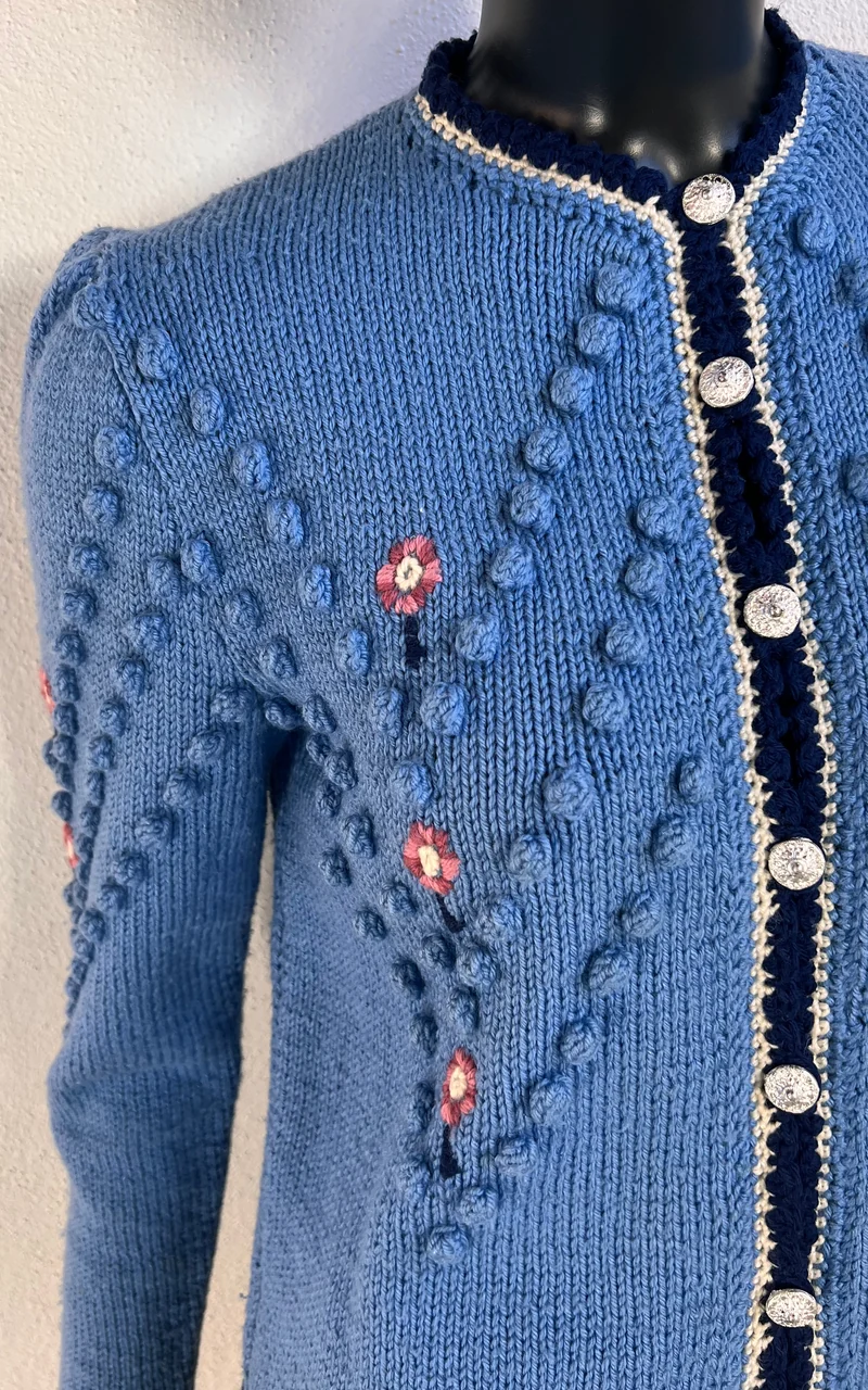 Vintage Austrian Blue Floral Bobble-Knit Cardigan