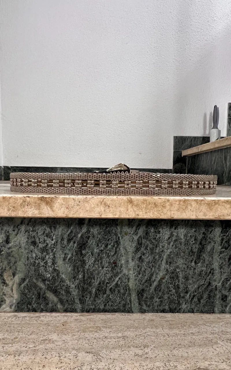 Vintage Silver-Tone Metal Chain Belt with Black Leather