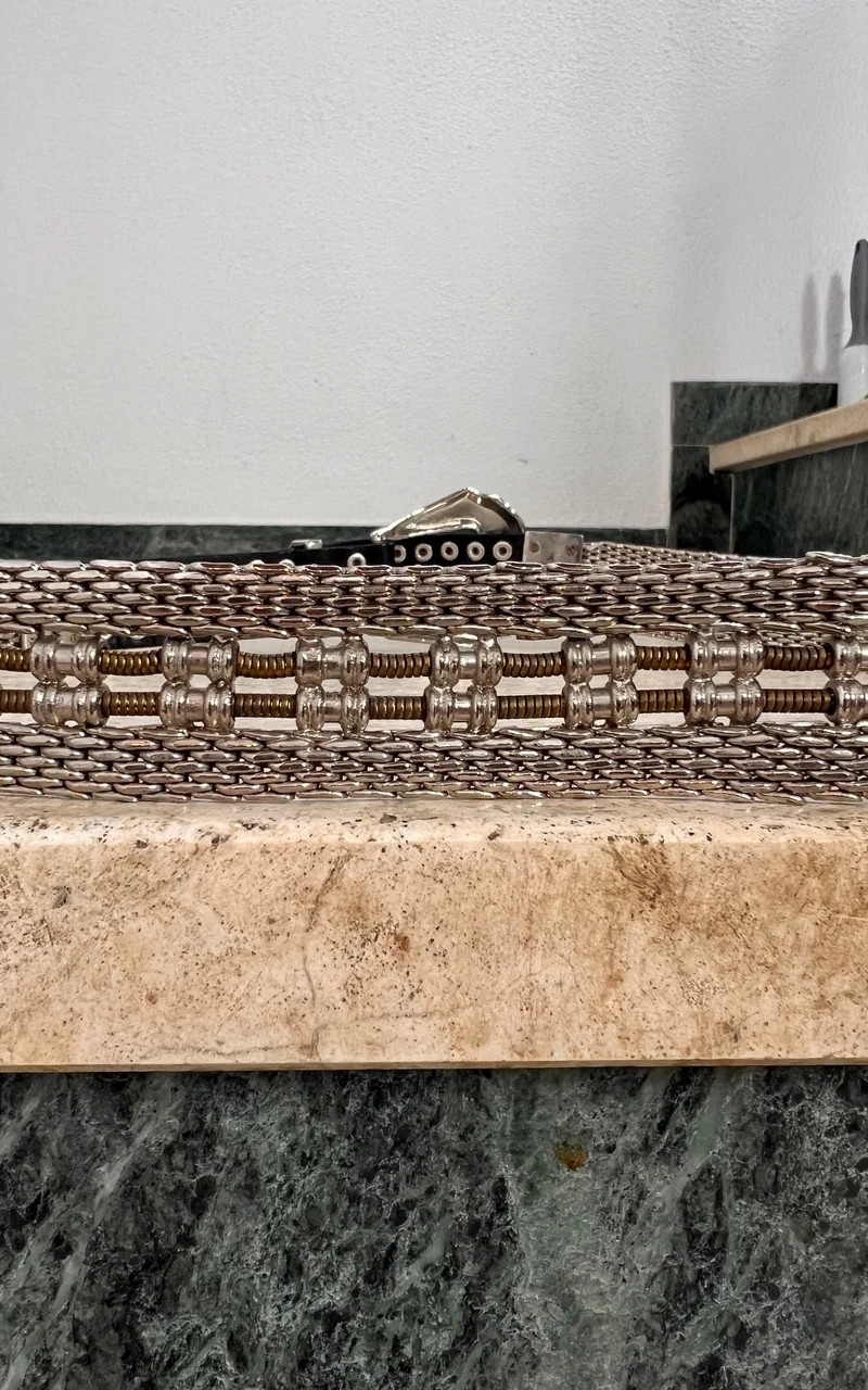Vintage Silver-Tone Metal Chain Belt with Black Leather