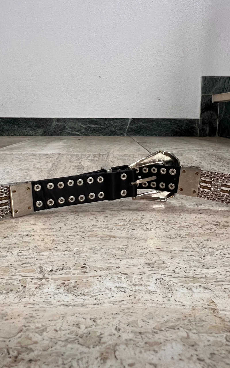 Vintage Silver-Tone Metal Chain Belt with Black Leather