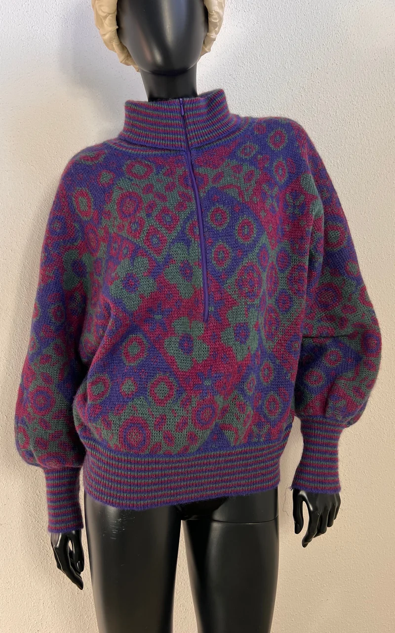 Vintage 1980s Floral Jacquard Half-Zip Sweater