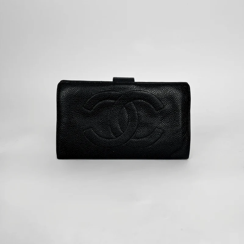 Chanel CC French Long Wallet aus schwarzem Kaviarleder