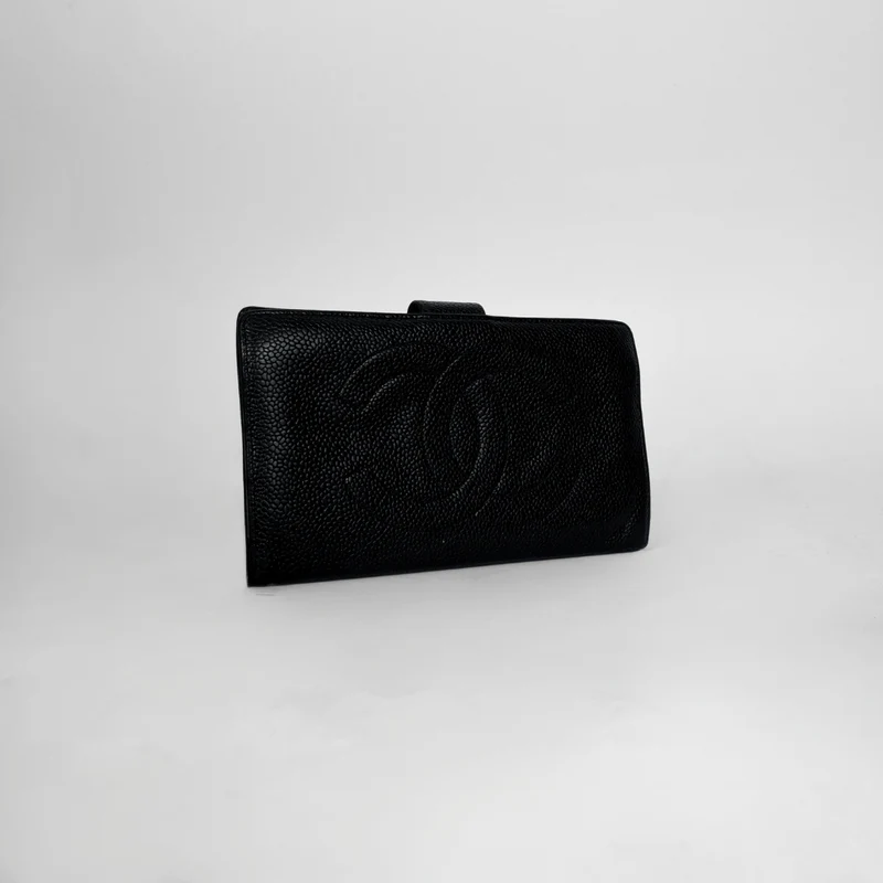 Chanel CC French Long Wallet aus schwarzem Kaviarleder