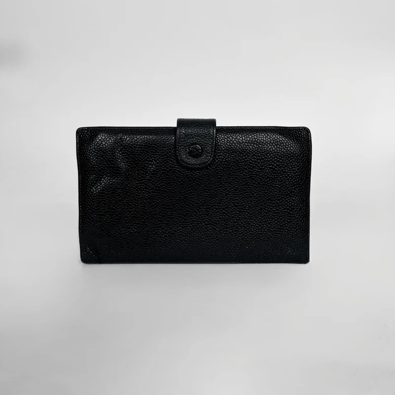 Chanel CC French Long Wallet aus schwarzem Kaviarleder