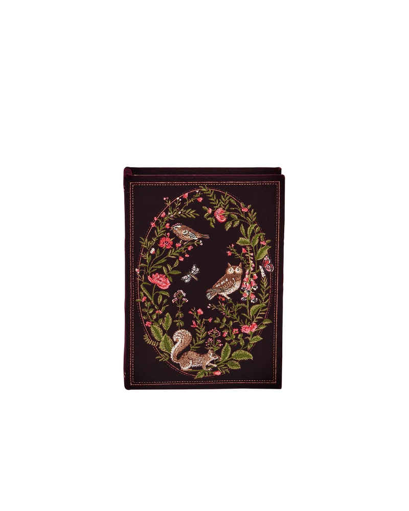Elinor Meadow Embroidered Book Clutch in Burgundy Velvet