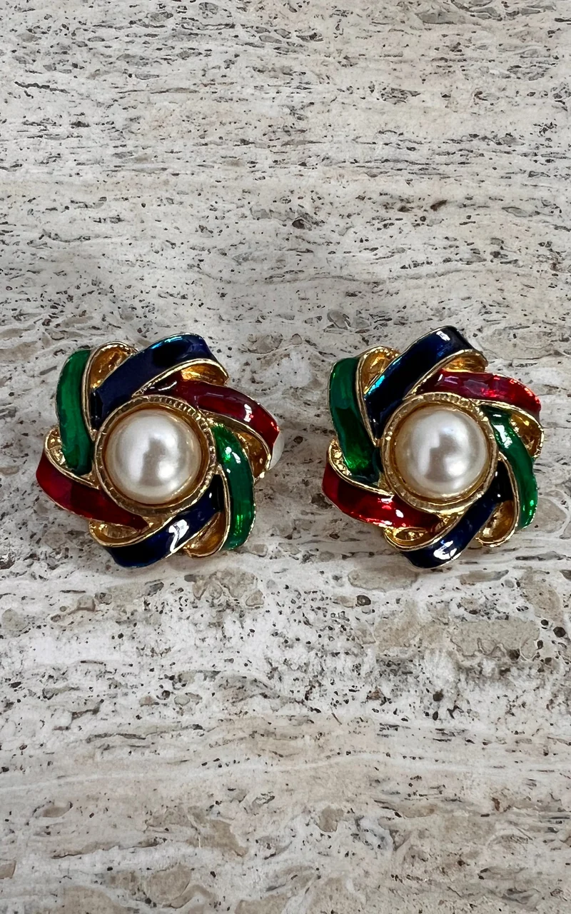 Vintage 80s Enamel & Faux Pearl Clip-On Earrings