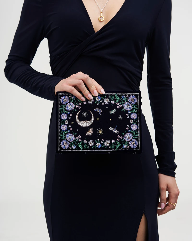 Marianne Midnight Garden Embroidered Book Clutch in Navy Velvet