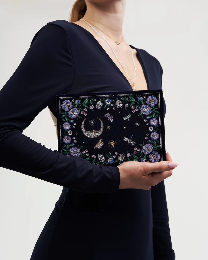 Marianne Midnight Garden Embroidered Book Clutch in Navy Velvet