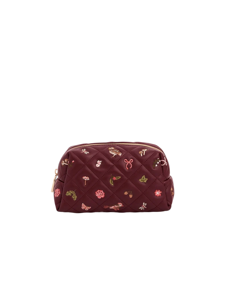 Embroidered Quilted Medium Pouch in Burgundy