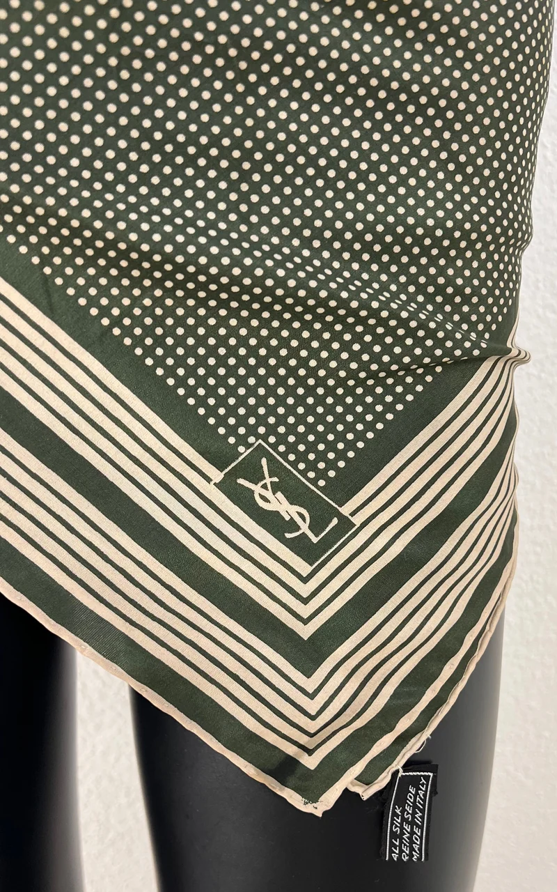 Vintage Yves Saint Laurent Green Polka Dot Silk Scarf – Made in Italy