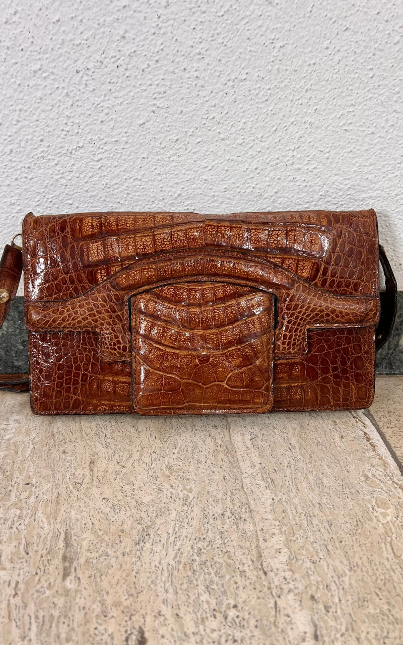 Vintage 1970s Brown Crocodile Leather Shoulder Bag
