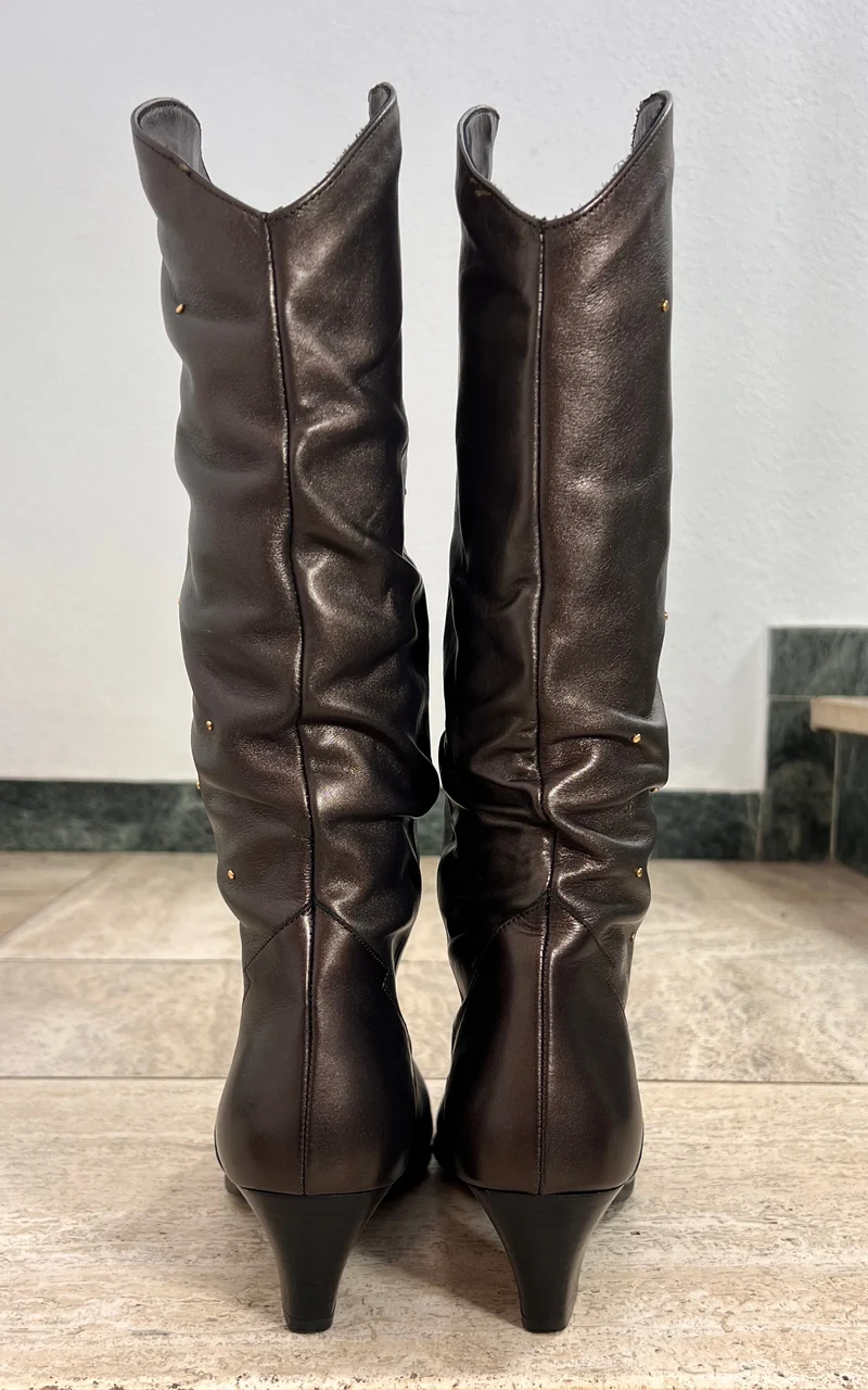 Vintage Brown Knee-High Boots with Gold Stud Details 39