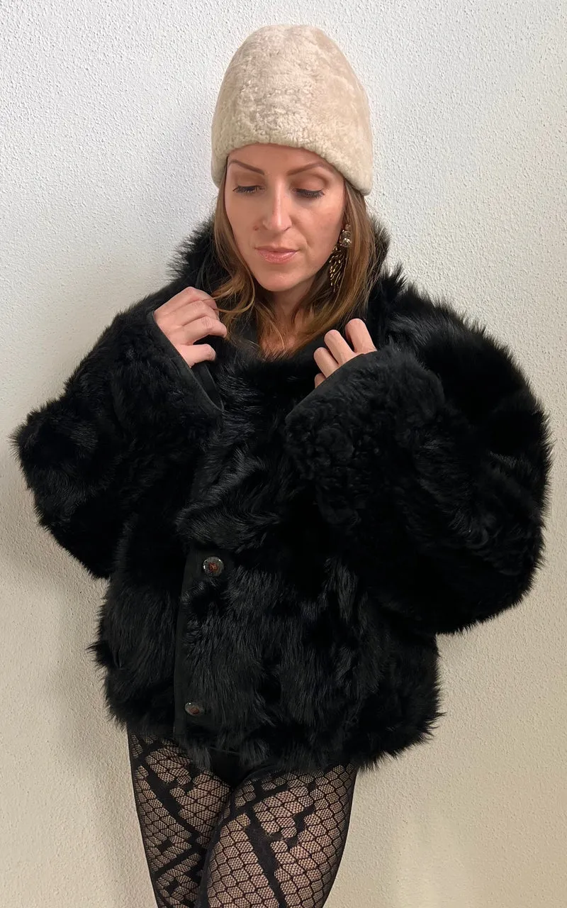 Reworked Curly Lamb Shearling Jacket Black