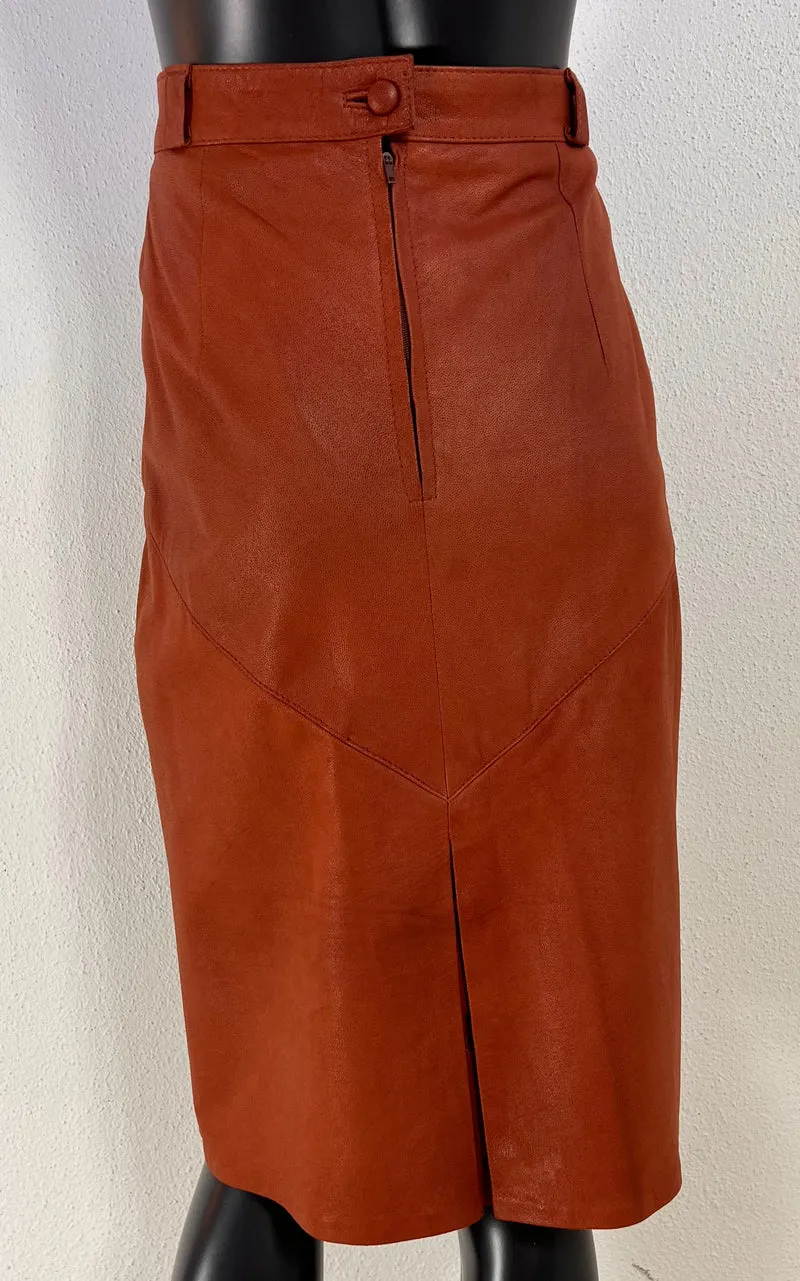 Vintage Leather Pencil Skirt Orange Brown