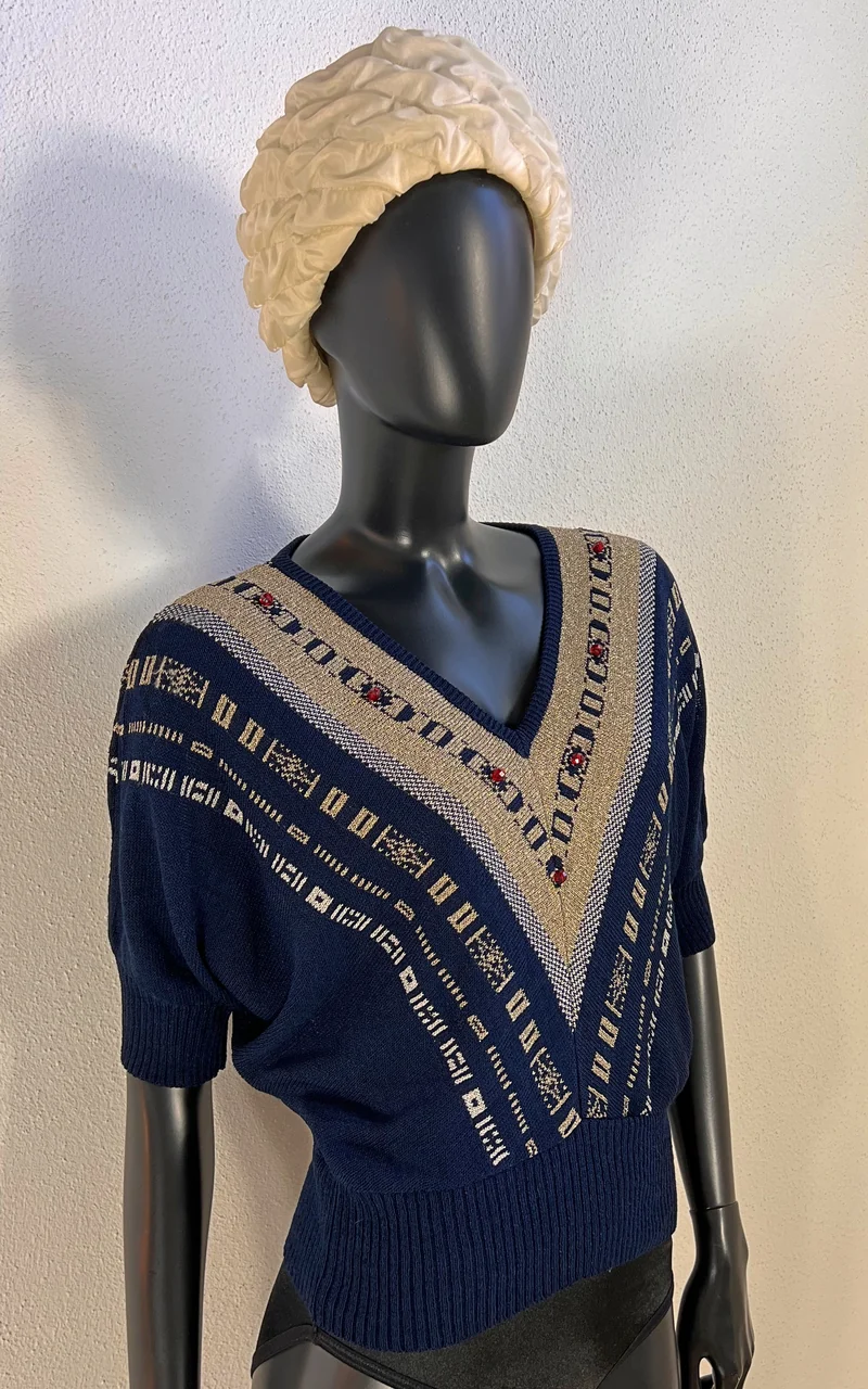 Vintage 70s Navy Knit Sweater with Metallic Pattern