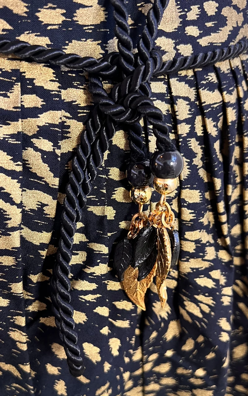 Vintage Black Gold Midi Skirt with Rope Belt