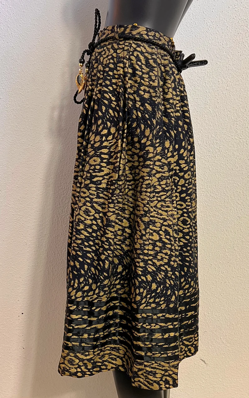 Vintage Black Gold Midi Skirt with Rope Belt