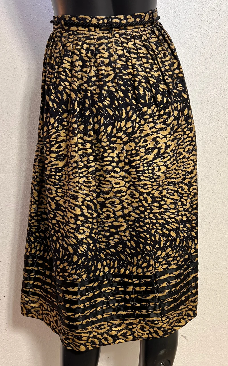 Vintage Black Gold Midi Skirt with Rope Belt