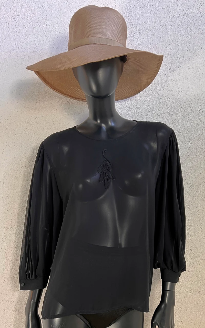 Vintage Black Sheer Blouse with Pleated Balloon Sleeves
