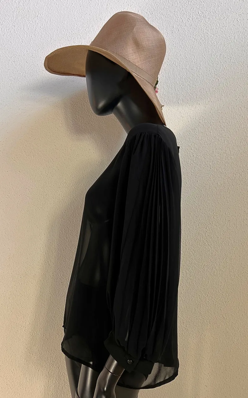 Vintage Black Sheer Blouse with Pleated Balloon Sleeves