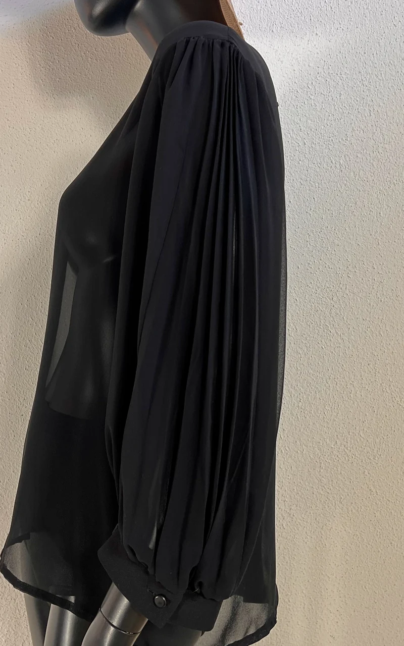 Vintage Black Sheer Blouse with Pleated Balloon Sleeves