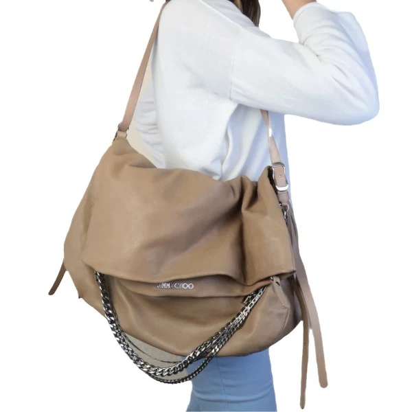 Jimmy Choo Beige Leather Large Biker Saddle Chain Crossbody Bag