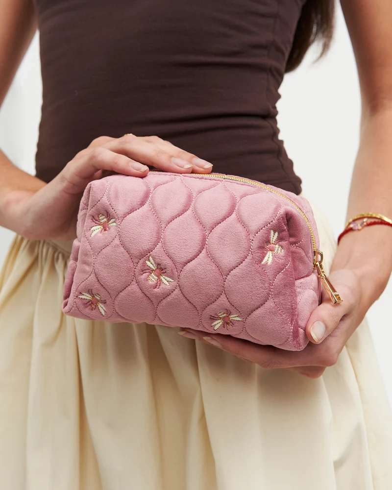 Quilted Bee Embroidered Pouch in Rose Pink Velvet