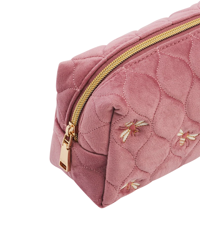 Quilted Bee Embroidered Pouch in Rose Pink Velvet