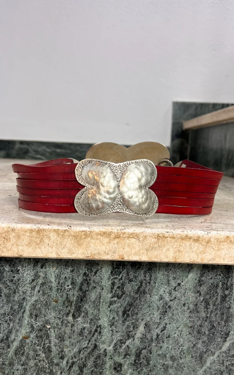 Vintage 70s Red Leather Hammered Metal Belt