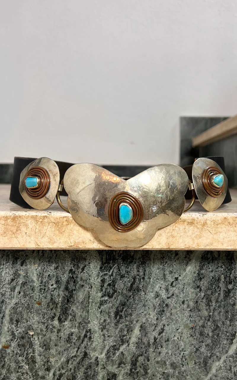 Vintage 70s Hammered Metal and Turquoise Belt