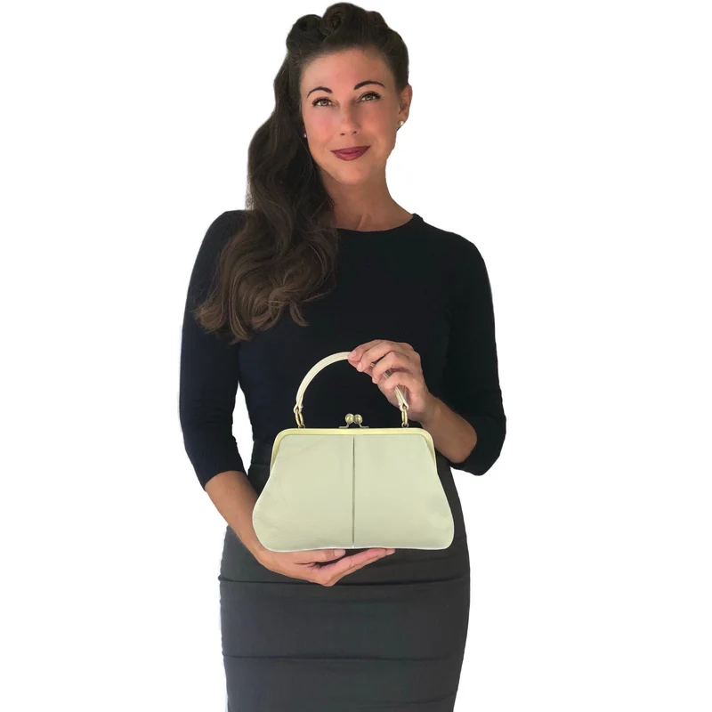 Vintage Damen Handtasche - Kleine Olive in Elfenbein-Weiß, Henkeltasche, Umhängetasche, Bügeltasche