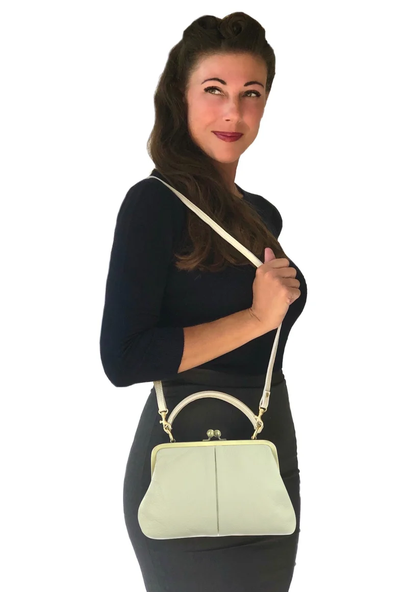 Vintage Damen Handtasche - Kleine Olive in Elfenbein-Weiß, Henkeltasche, Umhängetasche, Bügeltasche