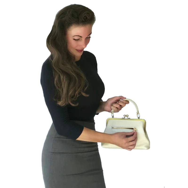 Vintage Damen Handtasche - Kleine Olive in Elfenbein-Weiß, Henkeltasche, Umhängetasche, Bügeltasche