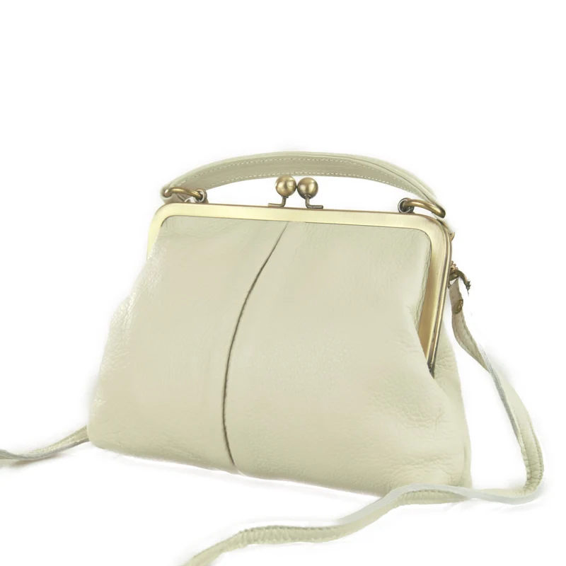 Vintage Damen Handtasche - Kleine Olive in Elfenbein-Weiß, Henkeltasche, Umhängetasche, Bügeltasche