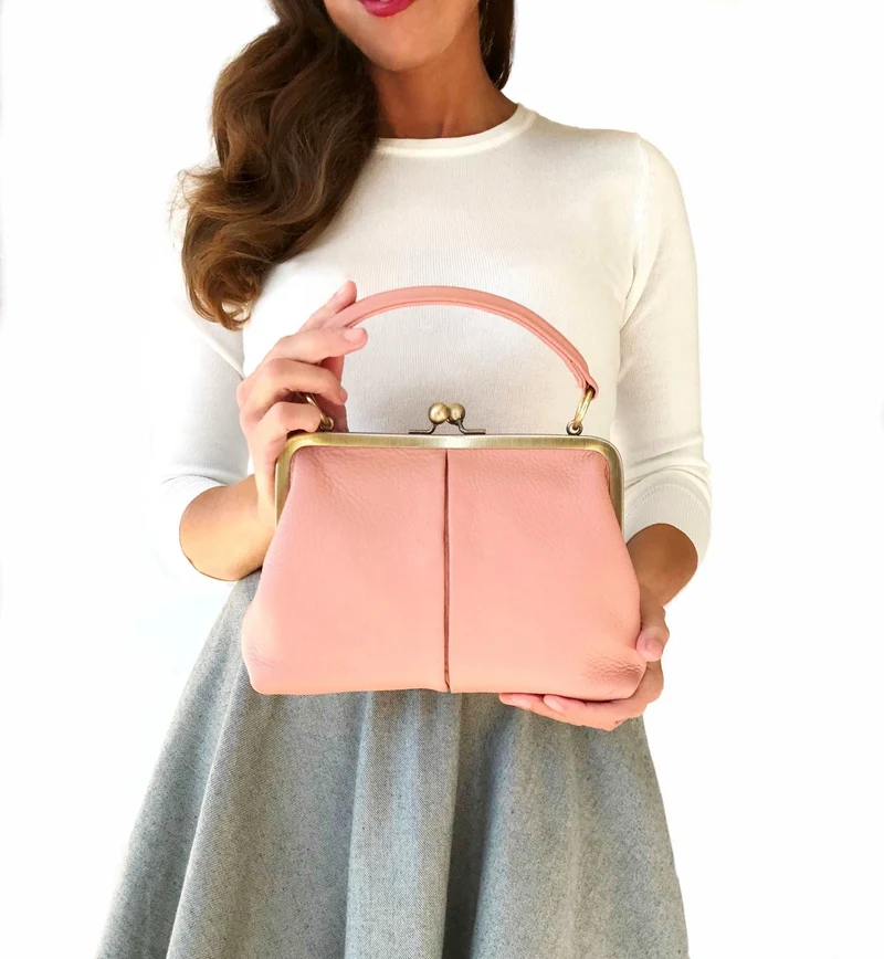 Leder Handtasche Damen - Kleine Olive in Rosa - Umhängetasche, Henkeltasche - Retro Vintage Stil