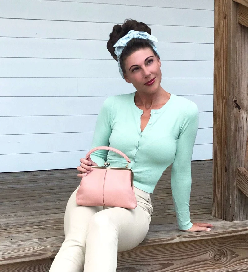 Leder Handtasche Damen - Kleine Olive in Rosa - Umhängetasche, Henkeltasche - Retro Vintage Stil