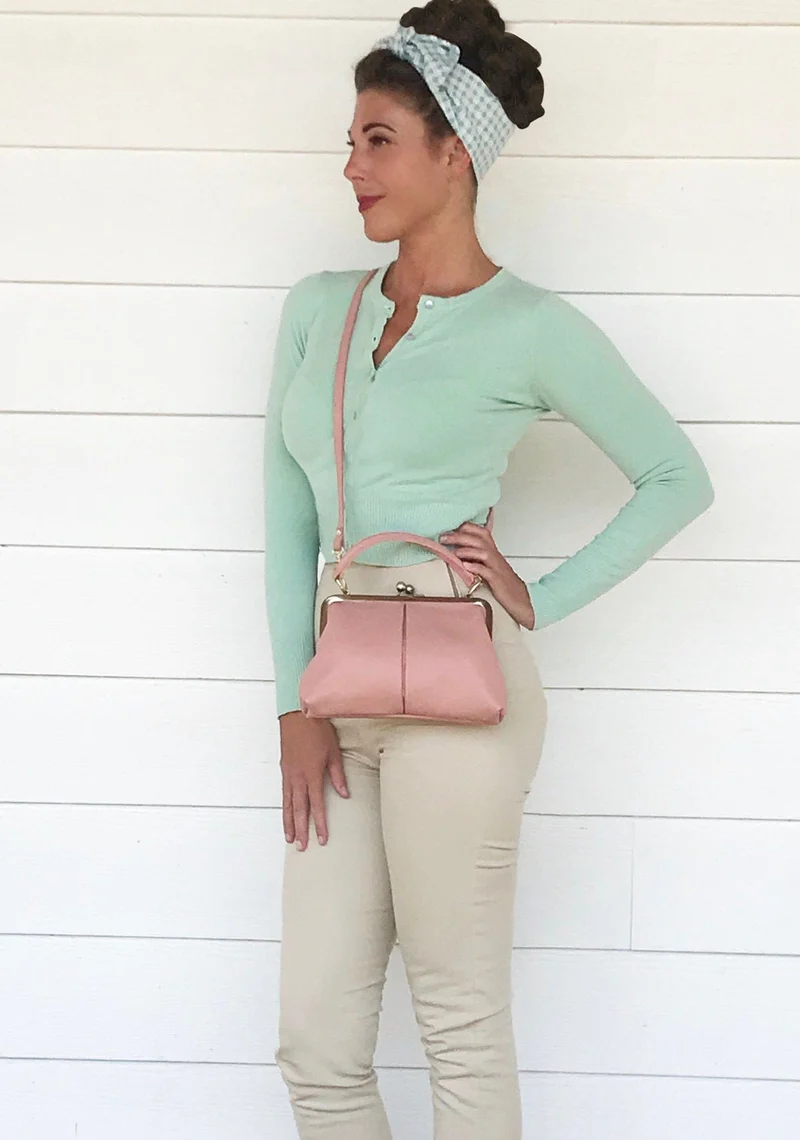 Leder Handtasche Damen - Kleine Olive in Rosa - Umhängetasche, Henkeltasche - Retro Vintage Stil