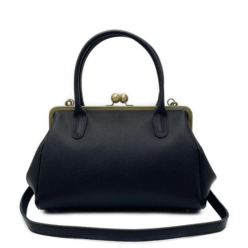 Retro Handtasche ‚Große Aurelie‘ in Schwarz – Echtleder Bügeltasche und Schultertasche