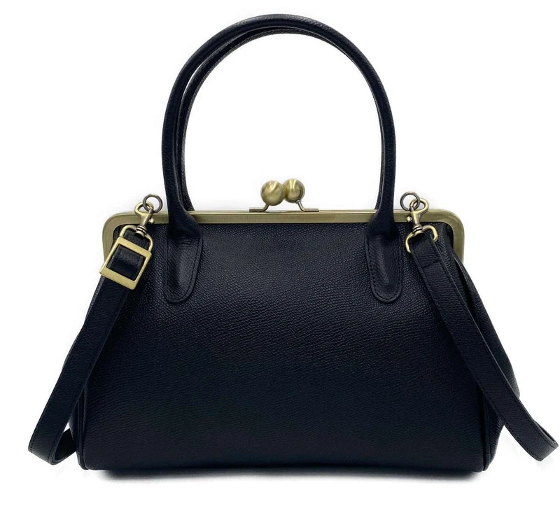 Retro Handtasche ‚Große Aurelie‘ in Schwarz – Echtleder Bügeltasche und Schultertasche