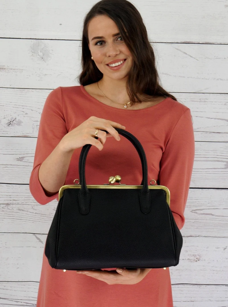 Damen Handtasche, Leder Handtasche "Marie" in schwarz, Henkeltasche im Vintage Stil
