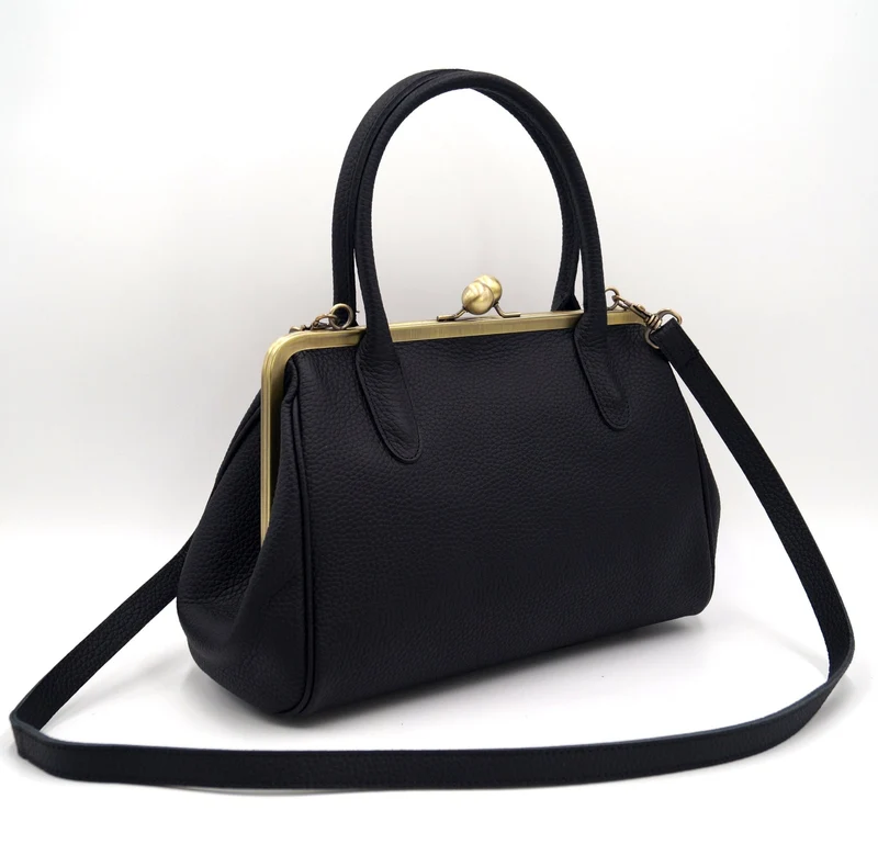 Damen Handtasche, Leder Handtasche "Marie" in schwarz, Henkeltasche im Vintage Stil