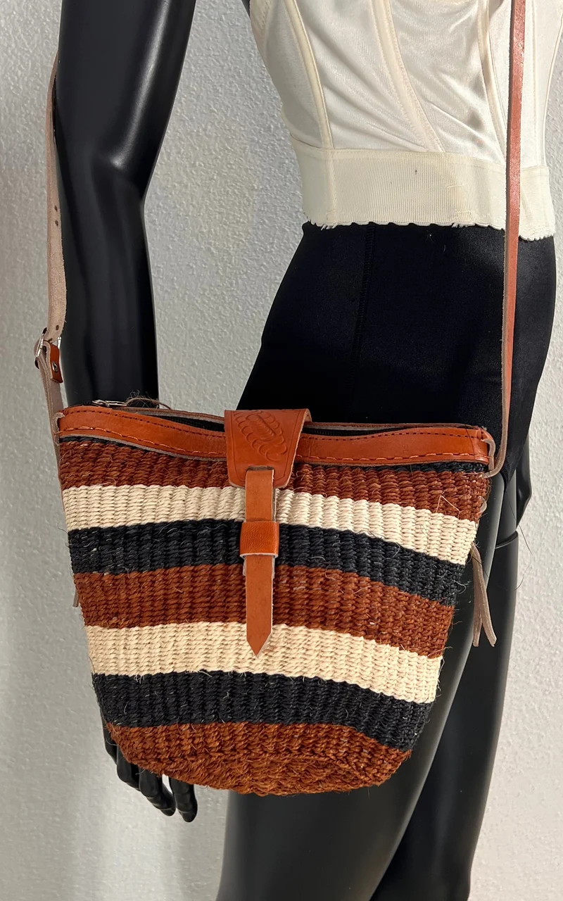 New African Kiondo Sisal and Leather Cross Body Bag