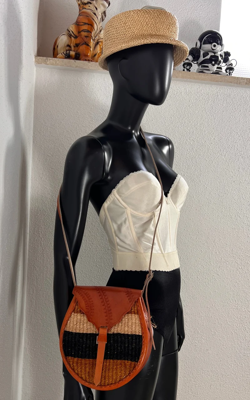 New African Kiondo Sisal and Leather Cross Body Bag