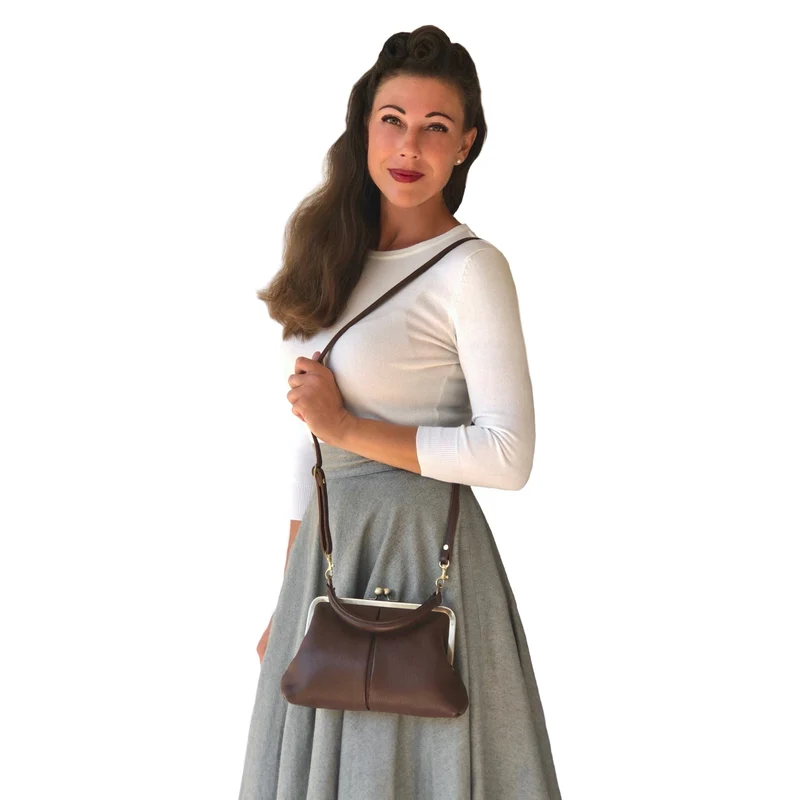 Retro Handtasche Leder - Kleine Olive in Dunkelbraun, Henkeltasche, Umhängetasche, Bügeltasche
