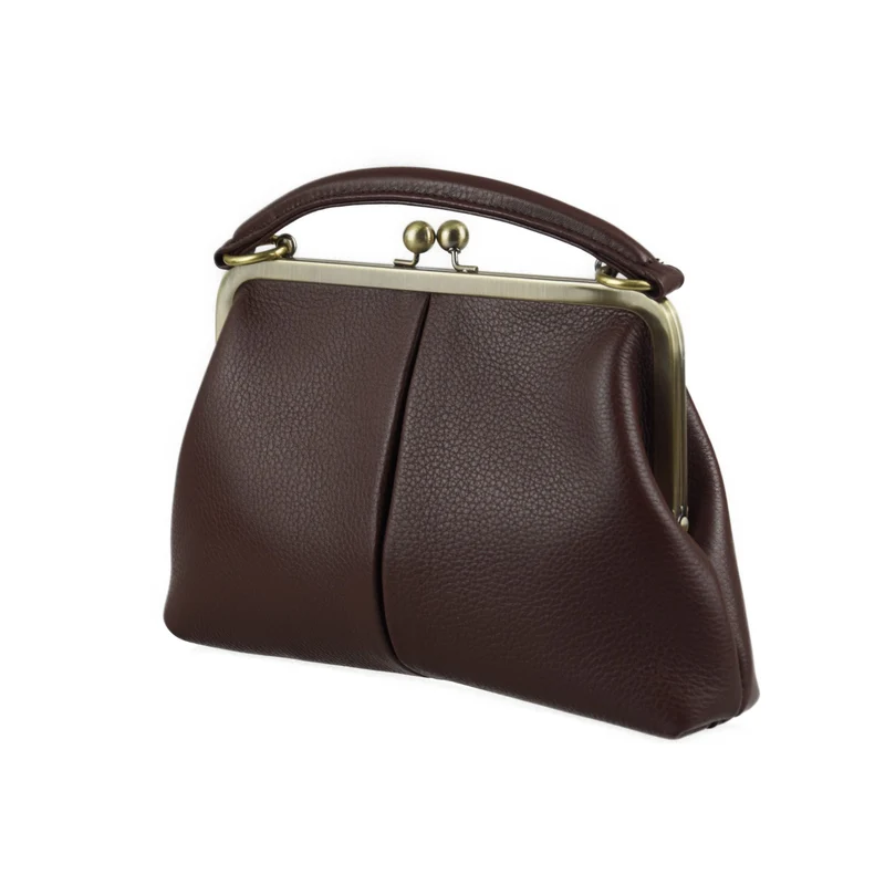 Retro Handtasche Leder - Kleine Olive in Dunkelbraun, Henkeltasche, Umhängetasche, Bügeltasche